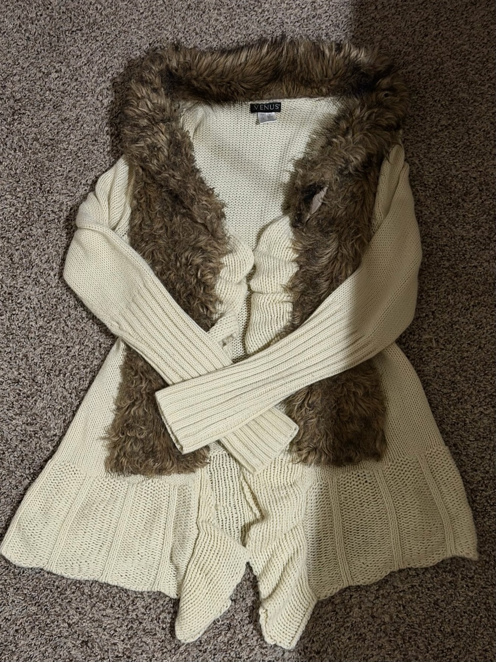 Cream Knit Cardigan with Brown Faux-Fur Trim
